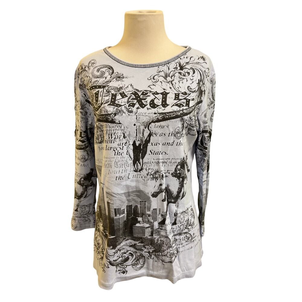 Vintage Y2K Big Bang Long Sleeve Texas Longhorn Graphic Rhinestone Print Top